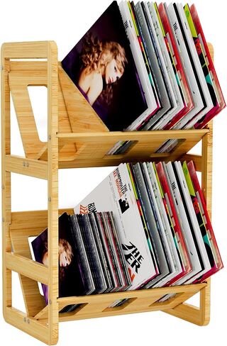Ackitry Bamboo Vinyl Record Storage, 180-200 LPs Storage Record Holder for Albums, 2 Tier Record Stand Shelf with Dividers, Vinyl Record Display Rack Organizer for Book, Magazine, Files in Saudi Arabia