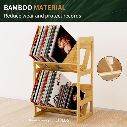 Ackitry Bamboo Vinyl Record Storage, 180-200 LPs Storage Record Holder for Albums, 2 Tier Record Stand Shelf with Dividers, Vinyl Record Display Rack Organizer for Book, Magazine, Files in Saudi Arabia