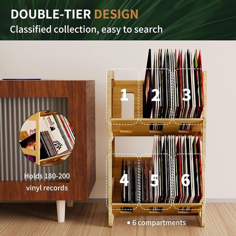 Ackitry Bamboo Vinyl Record Storage, 180-200 LPs Storage Record Holder for Albums, 2 Tier Record Stand Shelf with Dividers, Vinyl Record Display Rack Organizer for Book, Magazine, Files in Saudi Arabia
