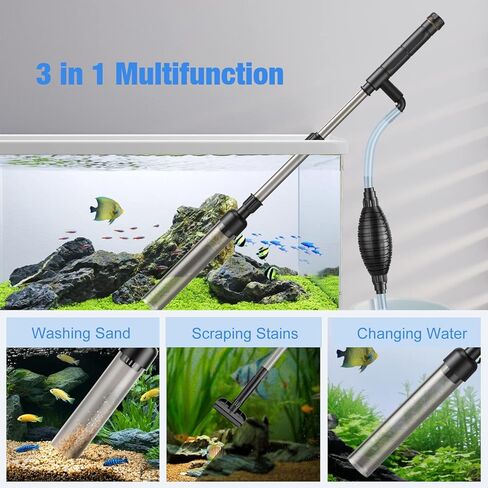 بيدي منظف حصى حوض السمك اليدوي، منظف حصى حوض السمك، طقم مكنسة كهربائية 3 في 1 لحوض السمك لتغيير المياه وتنظيف الرمال وازالة الاوساخ مع قضيب تلسكوبي قابل للتعديل in Kuwait
