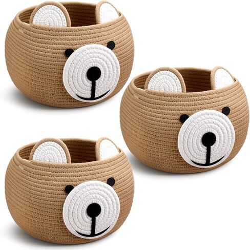 Uiifan 3 Pcs Baby Laundry Basket Bear Baby Shower Basket Gift Basket Cute Round Cotton Rope Basket for Newborn Items Storage, Clothes, Toy, Blankets, Towels, Nursery, 9.45 x 9.45 Inches, Brown in Saudi Arabia
