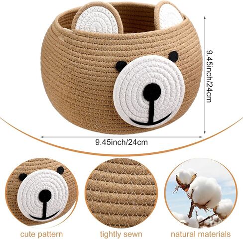Uiifan 3 Pcs Baby Laundry Basket Bear Baby Shower Basket Gift Basket Cute Round Cotton Rope Basket for Newborn Items Storage, Clothes, Toy, Blankets, Towels, Nursery, 9.45 x 9.45 Inches, Brown in Saudi Arabia