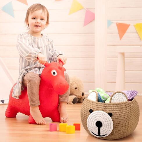 Uiifan 3 Pcs Baby Laundry Basket Bear Baby Shower Basket Gift Basket Cute Round Cotton Rope Basket for Newborn Items Storage, Clothes, Toy, Blankets, Towels, Nursery, 9.45 x 9.45 Inches, Brown in Saudi Arabia
