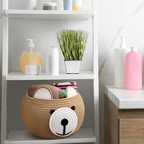 Uiifan 3 Pcs Baby Laundry Basket Bear Baby Shower Basket Gift Basket Cute Round Cotton Rope Basket for Newborn Items Storage, Clothes, Toy, Blankets, Towels, Nursery, 9.45 x 9.45 Inches, Brown in Saudi Arabia