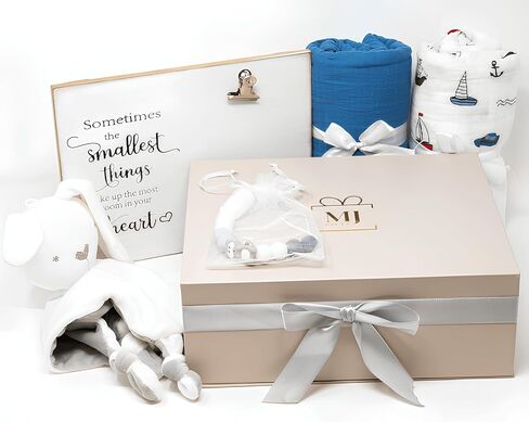 صندوق هدايا MJ Gifts للأطفال حديثي الولادة: حزمة هدايا فريدة من نوعها - بطانية عضوية، أرنب محب للأمان مع جرس، إطار صور أنيق ومشابك لهاية - هدايا مثالية لاستحمام الطفل (أزرق) in Saudi Arabia