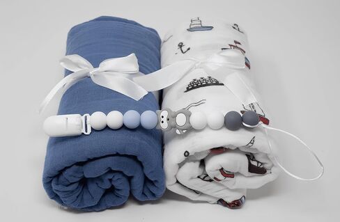 صندوق هدايا MJ Gifts للأطفال حديثي الولادة: حزمة هدايا فريدة من نوعها - بطانية عضوية، أرنب محب للأمان مع جرس، إطار صور أنيق ومشابك لهاية - هدايا مثالية لاستحمام الطفل (أزرق) in Saudi Arabia