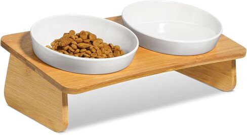 MSBC Raised Cat Bowl with Bamboo Stand, Elevated Pet Feeder with 2 Melamine Bowls, Tilted Food and Water Cat Feeding Dish, Protect Pet's Spine, Whisker Stress Free Anti Vomiting, White in Kuwait