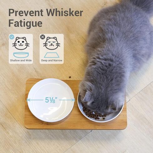 MSBC Raised Cat Bowl with Bamboo Stand, Elevated Pet Feeder with 2 Melamine Bowls, Tilted Food and Water Cat Feeding Dish, Protect Pet's Spine, Whisker Stress Free Anti Vomiting, White in Kuwait