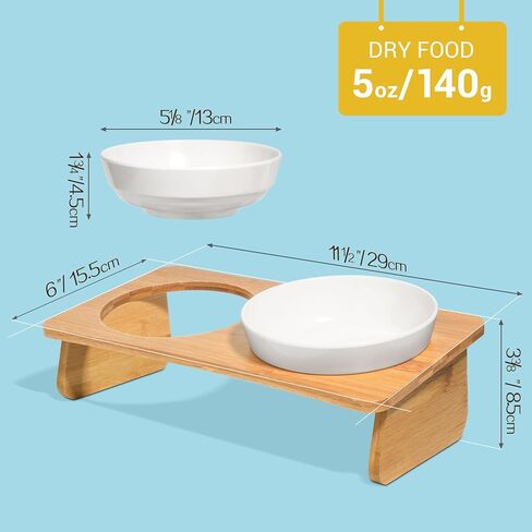 MSBC Raised Cat Bowl with Bamboo Stand, Elevated Pet Feeder with 2 Melamine Bowls, Tilted Food and Water Cat Feeding Dish, Protect Pet's Spine, Whisker Stress Free Anti Vomiting, White in Kuwait