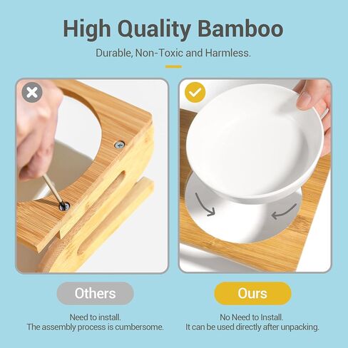 MSBC Raised Cat Bowl with Bamboo Stand, Elevated Pet Feeder with 2 Melamine Bowls, Tilted Food and Water Cat Feeding Dish, Protect Pet's Spine, Whisker Stress Free Anti Vomiting, White in Kuwait