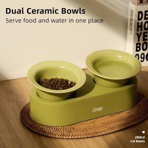 MS!MAKE SURE Dog Cat Bowls, Elevated Ceramic Cat Food and Water Bowl Set, 15° Tilted Cat Dishes with Stand, Non-Slip & Whisker Friendly - Pink, Green in Kuwait