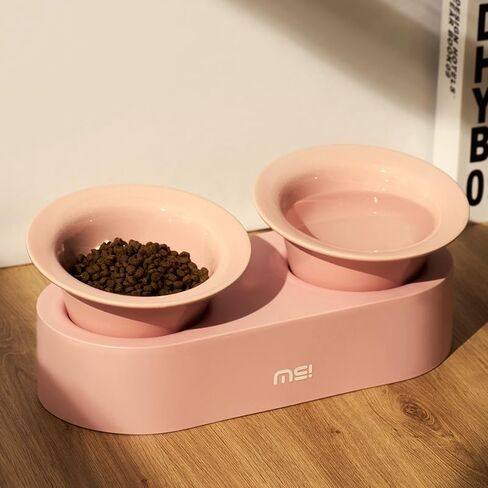 MS!MAKE SURE Dog Cat Bowls, Elevated Ceramic Cat Food and Water Bowl Set, 15° Tilted Cat Dishes with Stand, Non-Slip & Whisker Friendly - Pink, Green in Kuwait