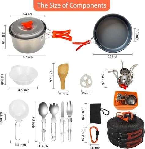 16pcs Camping Cookware Mess Kit, Non-Stick Lightweight Pots and Pans Set with Stove Carabiner Forks Knives Spoons for Camping, Backpacking, Hiking, Outdoor Cooking and Picnic in Kuwait