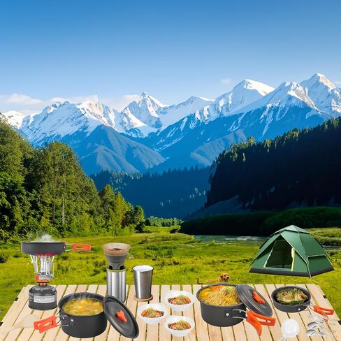 16pcs Camping Cookware Mess Kit, Non-Stick Lightweight Pots and Pans Set with Stove Carabiner Forks Knives Spoons for Camping, Backpacking, Hiking, Outdoor Cooking and Picnic in Kuwait