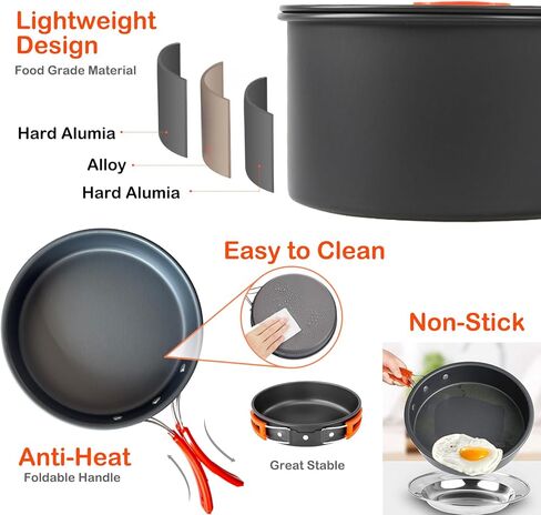 16pcs Camping Cookware Mess Kit, Non-Stick Lightweight Pots and Pans Set with Stove Carabiner Forks Knives Spoons for Camping, Backpacking, Hiking, Outdoor Cooking and Picnic in Kuwait