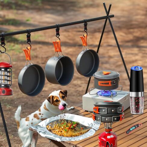 16pcs Camping Cookware Mess Kit, Non-Stick Lightweight Pots and Pans Set with Stove Carabiner Forks Knives Spoons for Camping, Backpacking, Hiking, Outdoor Cooking and Picnic in Kuwait