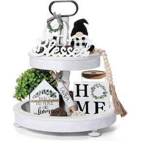 Yalikop 9 Pieces Farmhouse Decor for Tiered Tray, Rustic Wooden Mini Sign Farmhouse Table Centerpieces with Artificial Plant, String Light, Plastic Stand for Kitchen Table Decor, Housewarming Gift