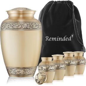 Reminded Set of 5 Floral Cremation Urns for Human Ashes - 1 Adult + 4 Keepsake Token Size, Gold