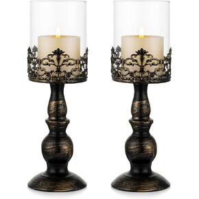 Sziqiqi Vintage Distressed Black Hurricane Candle Holders 2pcs, Versatile Metallic Pedestal Glass Floral Centerpiece Base for Wedding Party Home Decoration Fireplace Mantel Decoration 33cm/13in