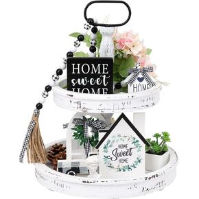 HOLICOLOR Two Tiered Tray with 5pcs Wooden Signs, Christmas, Farmhouse Decor White Rustic Modern Home Decorative Wood Trays for Kitchen Cakes Dessert Fruit in Kuwait
