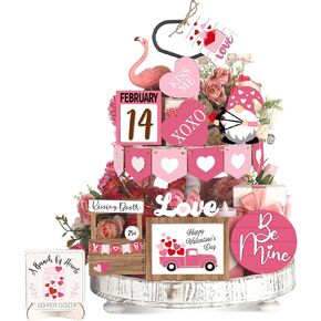 Pickmesh 21 Pcs Valentine's Day Tiered Tray Decor Set Wood Valentine's Day Table Decor with LED String Light Rustic Farmhouse Valentines Day Decorations Heart Wooden Tabletop Signs for Home (Cute)
