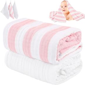 Muslin Baby Bath Towel Set, 2 Large Gauze Super Soft Baby Bath Towel and 3 Washcloths, 6 Layers 100% Cotton Infant Towel Newborn Towel Blanket Suitable for Baby's Delicate Skin(Bule)