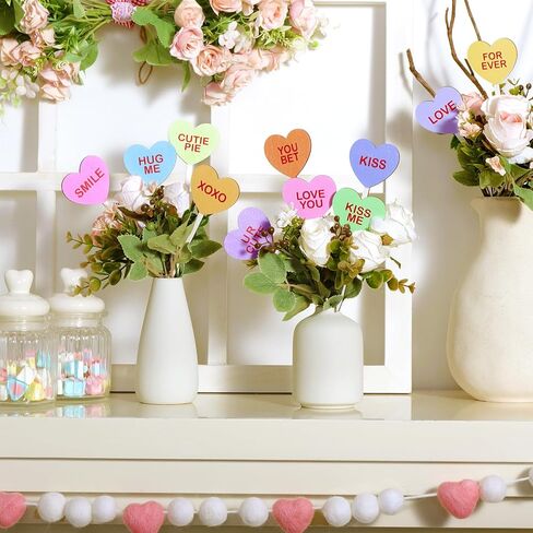 باني كوروس مجموعة ديكور عيد الحب، 12 قطعة من اعواد تزيين عيد الحب، اعواد خشبية ريفية على شكل قلب وبخاخات لتزيين عيد الحب لتزيين المنزل والمزهريات وعيد الحب in Kuwait