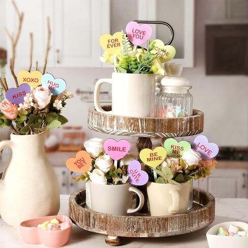 باني كوروس مجموعة ديكور عيد الحب، 12 قطعة من اعواد تزيين عيد الحب، اعواد خشبية ريفية على شكل قلب وبخاخات لتزيين عيد الحب لتزيين المنزل والمزهريات وعيد الحب in Kuwait