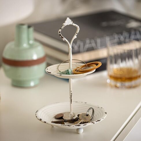 Stonebriar Small 2 Tier Worn White Metal Tray, Rustic Farmhouse Decor, Tiered Jewelry Tray for Vanity or Bathroom, 9.25" in Saudi Arabia