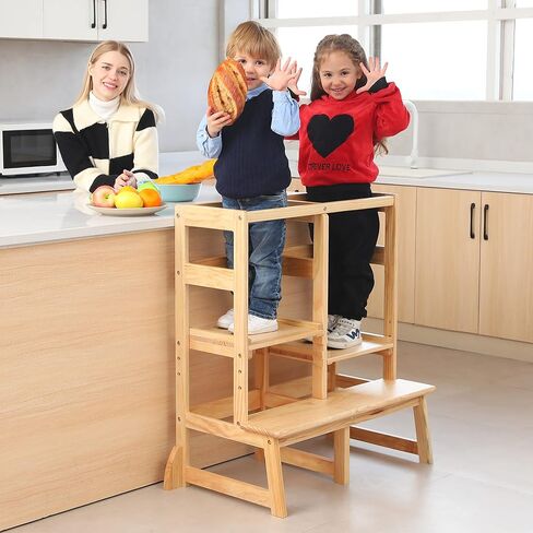 SDADI Kitchen Step Stool Tower for 2 Kids, Adjustable Height Double Learning Stool, Solid Wood Construction Toddler Tower (Natural) in Kuwait