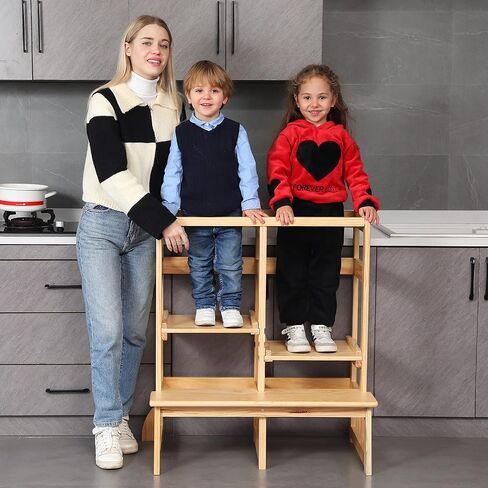 SDADI Kitchen Step Stool Tower for 2 Kids, Adjustable Height Double Learning Stool, Solid Wood Construction Toddler Tower (Natural) in Kuwait