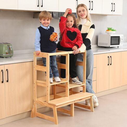 SDADI Kitchen Step Stool Tower for 2 Kids, Adjustable Height Double Learning Stool, Solid Wood Construction Toddler Tower (Natural) in Kuwait