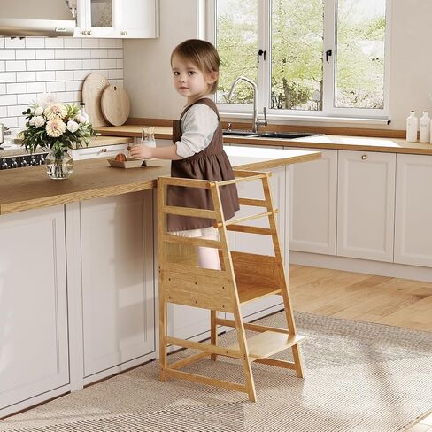HOOBRO Toddler Standing Tower, Step Stool for Kids, Adjustable Height Toddler Kitchen Stool Helper, Montessori Learning Tower with Safety Rails, for Kitchen Counter and Bathroom Sink, Natural YL50JD01 in Saudi Arabia