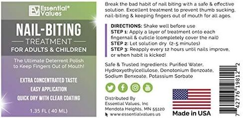 علاج قضم الاظافر للاطفال والكبار (40 مل)، صنع في الولايات المتحدة الامريكية لمنع الابهام ويوقف عض الأظافر، تخلص من العادة المشاغبة في 30 يومًا مع طلاء الردع الخاص بنا من ايسينشال فاليوز in Kuwait