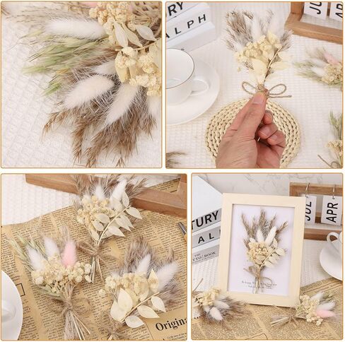 Auidy_6TXD 6 قطع باقة زهور مجففة، زهور مجففة طبيعية صغيرة باقات جيبسوفيلا قطع مركزية للطاولة بوتونيير وصيفة العروس زهرة فتاة هدية مربع لحفل زفاف بوهو، عيد ميلاد كعكة الجدول زجاجة الديكور in Kuwait