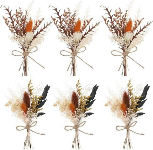 Auidy_6TXD 6 قطع من باقات الزهور المجففة بوهو، زهور مجففة صغيرة للحرف اليدوية، زهور طبيعية جافة للطاولة قطع مركزية لوصيفات العروس زهرة فتاة هدية لحفلات زفاف بوهو، ديكور زجاجة طاولة كعكة عيد الميلاد in Kuwait