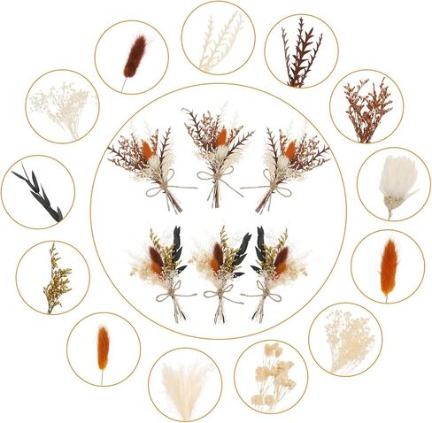 Auidy_6TXD 6 قطع من باقات الزهور المجففة بوهو، زهور مجففة صغيرة للحرف اليدوية، زهور طبيعية جافة للطاولة قطع مركزية لوصيفات العروس زهرة فتاة هدية لحفلات زفاف بوهو، ديكور زجاجة طاولة كعكة عيد الميلاد in Kuwait