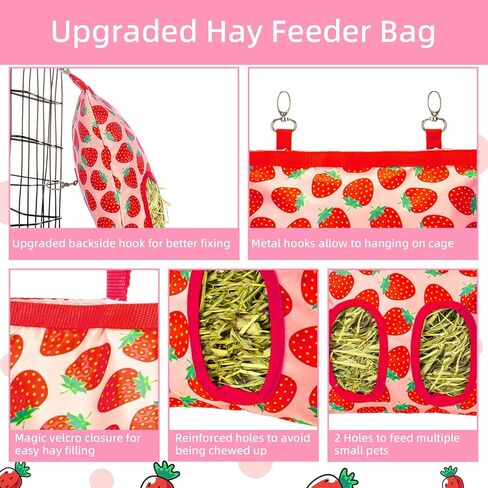 2Packs Large Rabbit Hay Feeder Bag, Upgraded Guinea Pig Hay Feeder with 3 Hooks, Chew Proof Washable Hay Bag for Rabbits Bunny Chinchilla Hamster, Mess Free Grass Holder 2 Holes, 9.8x11.4 Inch in Kuwait