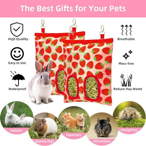 2Packs Large Rabbit Hay Feeder Bag, Upgraded Guinea Pig Hay Feeder with 3 Hooks, Chew Proof Washable Hay Bag for Rabbits Bunny Chinchilla Hamster, Mess Free Grass Holder 2 Holes, 9.8x11.4 Inch in Kuwait