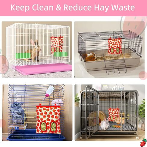 2Packs Large Rabbit Hay Feeder Bag, Upgraded Guinea Pig Hay Feeder with 3 Hooks, Chew Proof Washable Hay Bag for Rabbits Bunny Chinchilla Hamster, Mess Free Grass Holder 2 Holes, 9.8x11.4 Inch in Kuwait