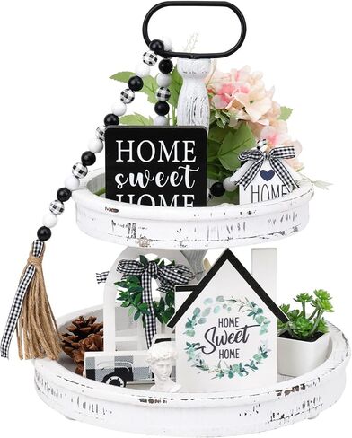 HOLICOLOR Two Tiered Tray with 5pcs Wooden Signs, Christmas, Farmhouse Decor White Rustic Modern Home Decorative Wood Trays for Kitchen Cakes Dessert Fruit in Kuwait
