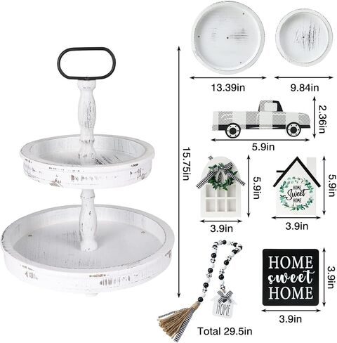 HOLICOLOR Two Tiered Tray with 5pcs Wooden Signs, Christmas, Farmhouse Decor White Rustic Modern Home Decorative Wood Trays for Kitchen Cakes Dessert Fruit in Kuwait