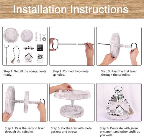 HOLICOLOR Two Tiered Tray with 5pcs Wooden Signs, Christmas, Farmhouse Decor White Rustic Modern Home Decorative Wood Trays for Kitchen Cakes Dessert Fruit in Kuwait