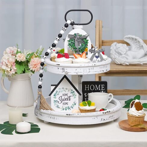 HOLICOLOR Two Tiered Tray with 5pcs Wooden Signs, Christmas, Farmhouse Decor White Rustic Modern Home Decorative Wood Trays for Kitchen Cakes Dessert Fruit in Kuwait