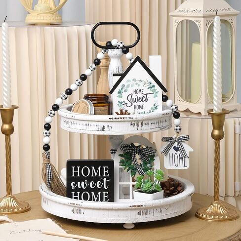 HOLICOLOR Two Tiered Tray with 5pcs Wooden Signs, Christmas, Farmhouse Decor White Rustic Modern Home Decorative Wood Trays for Kitchen Cakes Dessert Fruit in Kuwait