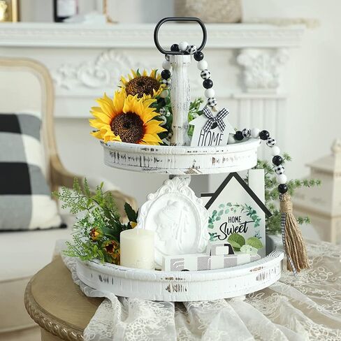 HOLICOLOR Two Tiered Tray with 5pcs Wooden Signs, Christmas, Farmhouse Decor White Rustic Modern Home Decorative Wood Trays for Kitchen Cakes Dessert Fruit in Kuwait