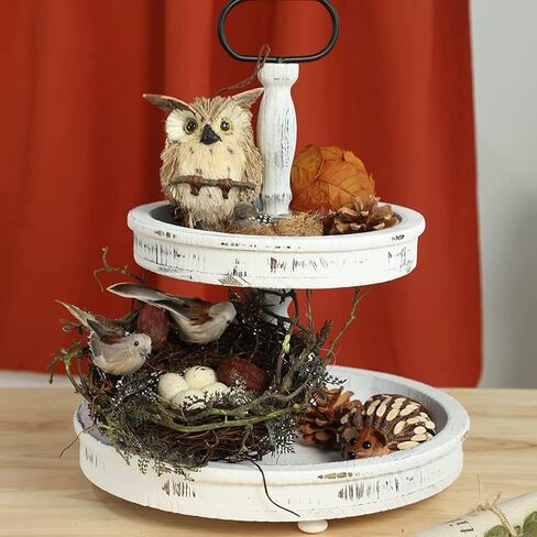 HOLICOLOR Two Tiered Tray with 5pcs Wooden Signs, Christmas, Farmhouse Decor White Rustic Modern Home Decorative Wood Trays for Kitchen Cakes Dessert Fruit in Kuwait