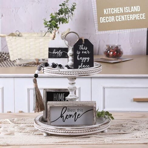 FESTWIND Grey Tiered Tray, Two Tiered Tray Rustic Home Decor, Small Beaded Tiered Tray Stand for Kitchen Counter, Farmhouse Tiered Tray Decor Distressed in Kuwait