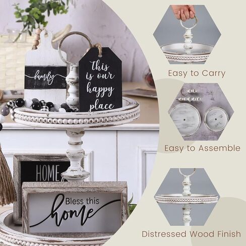 FESTWIND Grey Tiered Tray, Two Tiered Tray Rustic Home Decor, Small Beaded Tiered Tray Stand for Kitchen Counter, Farmhouse Tiered Tray Decor Distressed in Kuwait