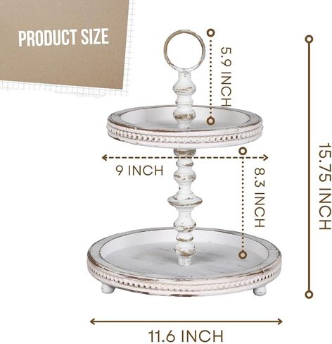 FESTWIND Grey Tiered Tray, Two Tiered Tray Rustic Home Decor, Small Beaded Tiered Tray Stand for Kitchen Counter, Farmhouse Tiered Tray Decor Distressed in Kuwait